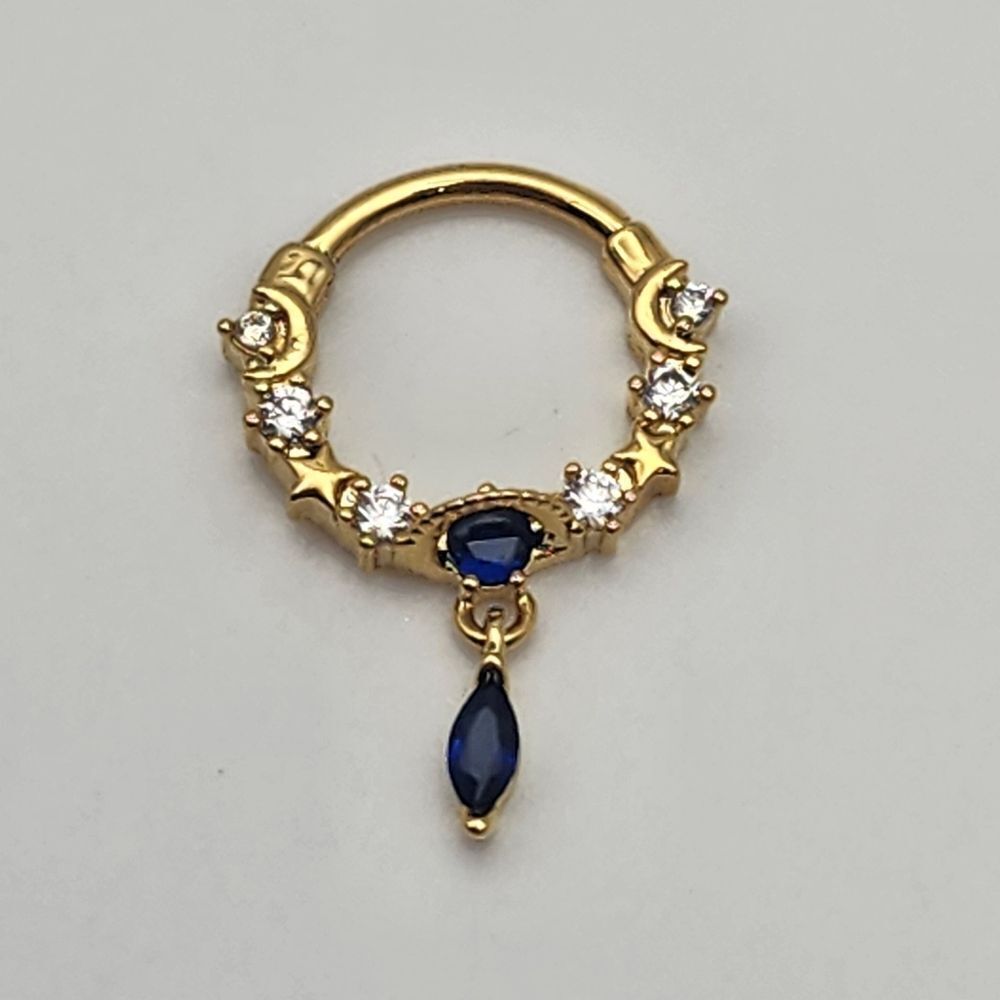 Gold Tone Stainless Steel Moon & Stars Blue & CZ Septum Clicker Nose Ring - Picture 3 of 5